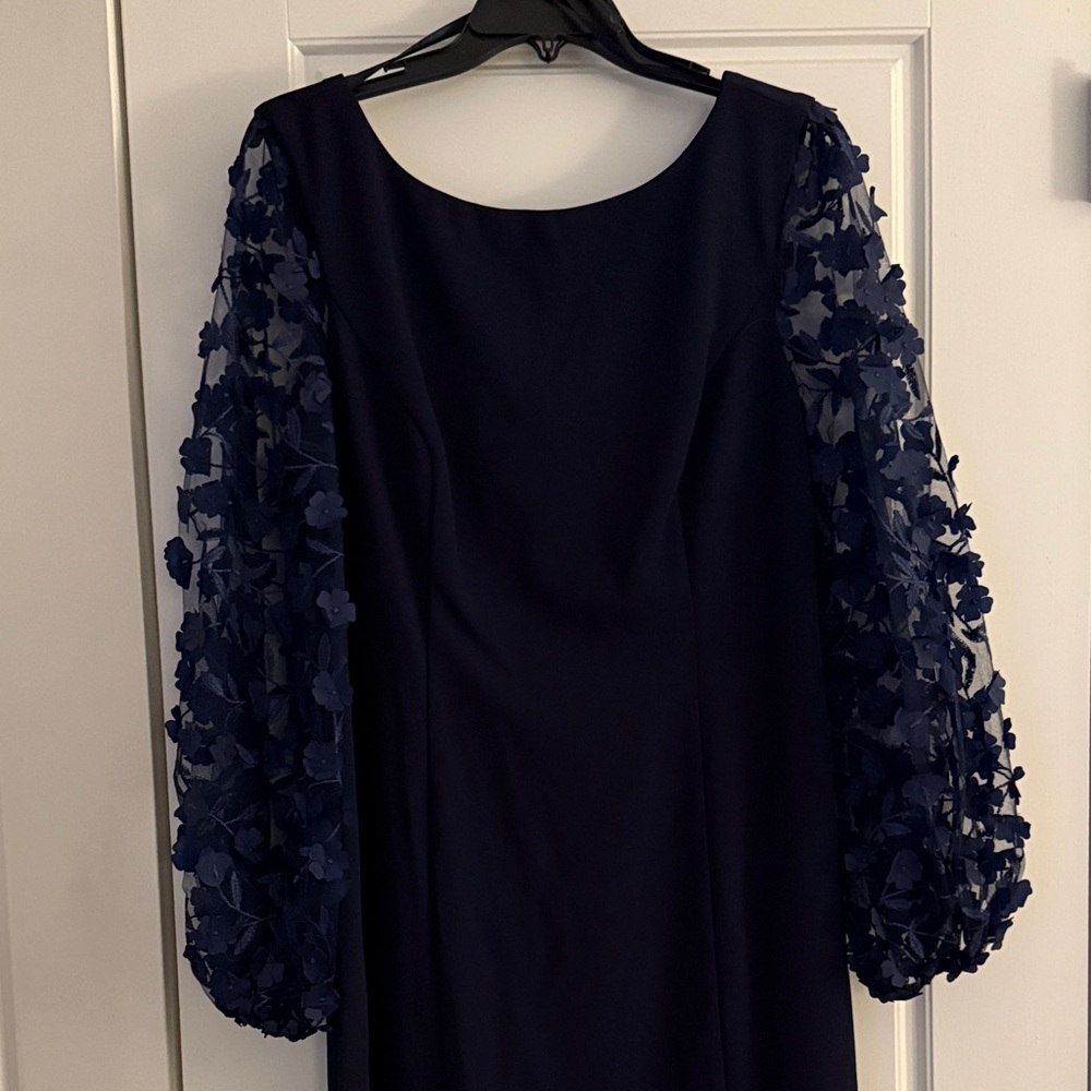 Elegant Navy Dress with Floral Sleeves